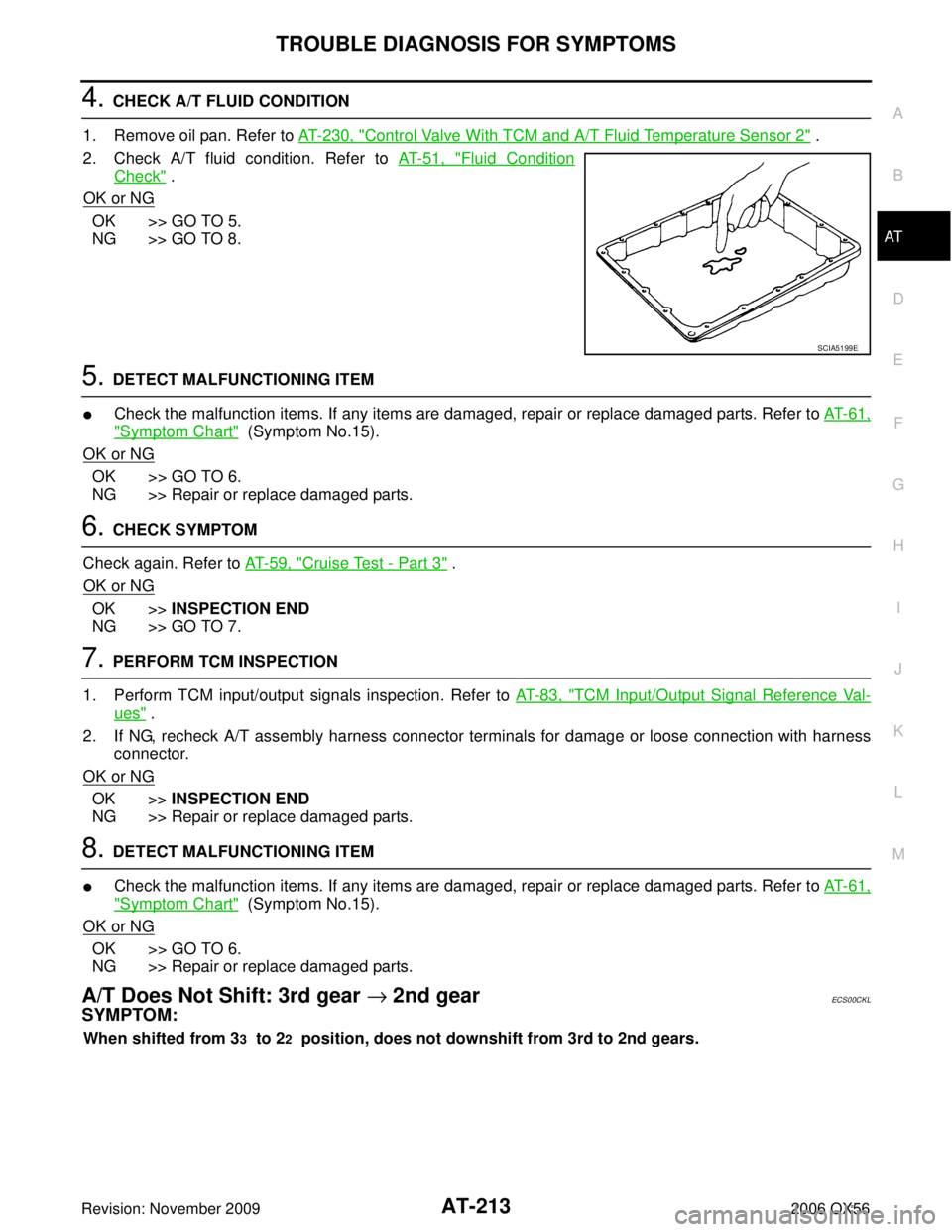 INFINITI QX56 2006  Factory Owners Manual TROUBLE DIAGNOSIS FOR SYMPTOMSAT-213
DE
F
G H
I
J
K L
M A
B
AT
Revision: November 2009 2006 QX56
4. CHECK A/T FLUID CONDITION
1. Remove oil pan. Refer to  AT- 2 3 0 ,  "
Control Valve With TCM and A/T