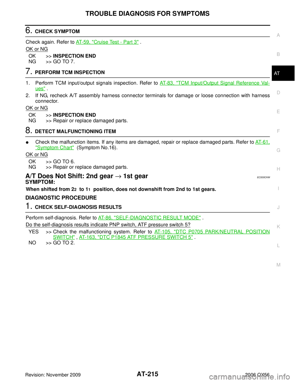 INFINITI QX56 2006  Factory Service Manual TROUBLE DIAGNOSIS FOR SYMPTOMSAT-215
DE
F
G H
I
J
K L
M A
B
AT
Revision: November 2009 2006 QX56
6. CHECK SYMPTOM
Check again. Refer to  AT- 5 9 ,  "
Cruise Test - Part 3" .
OK or NG
OK >> INSPECTION 