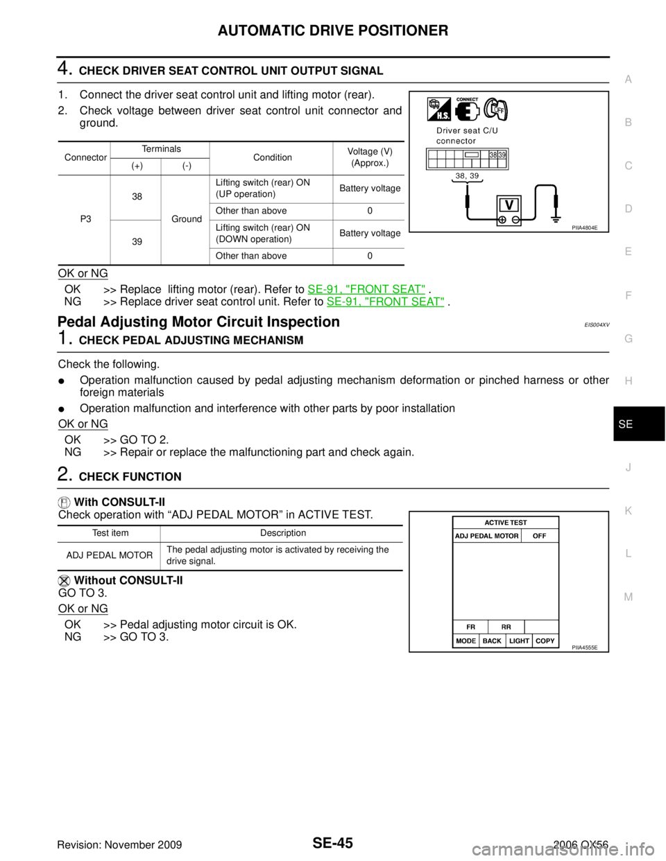 INFINITI QX56 2006 Factory Service Manual AUTOMATIC DRIVE POSITIONERSE-45
C
DE
F
G H
J
K L
M A
B
SE
Revision: November 2009 2006 QX56
4. CHECK DRIVER SEAT CONTROL UNIT OUTPUT SIGNAL
1. Connect the driver seat control unit and lifting motor (r INFINITI QX56 2006 Factory Service Manual AUTOMATIC DRIVE POSITIONERSE-45
C
DE
F
G H
J
K L
M A
B
SE
Revision: November 2009 2006 QX56
4. CHECK DRIVER SEAT CONTROL UNIT OUTPUT SIGNAL
1. Connect the driver seat control unit and lifting motor (r