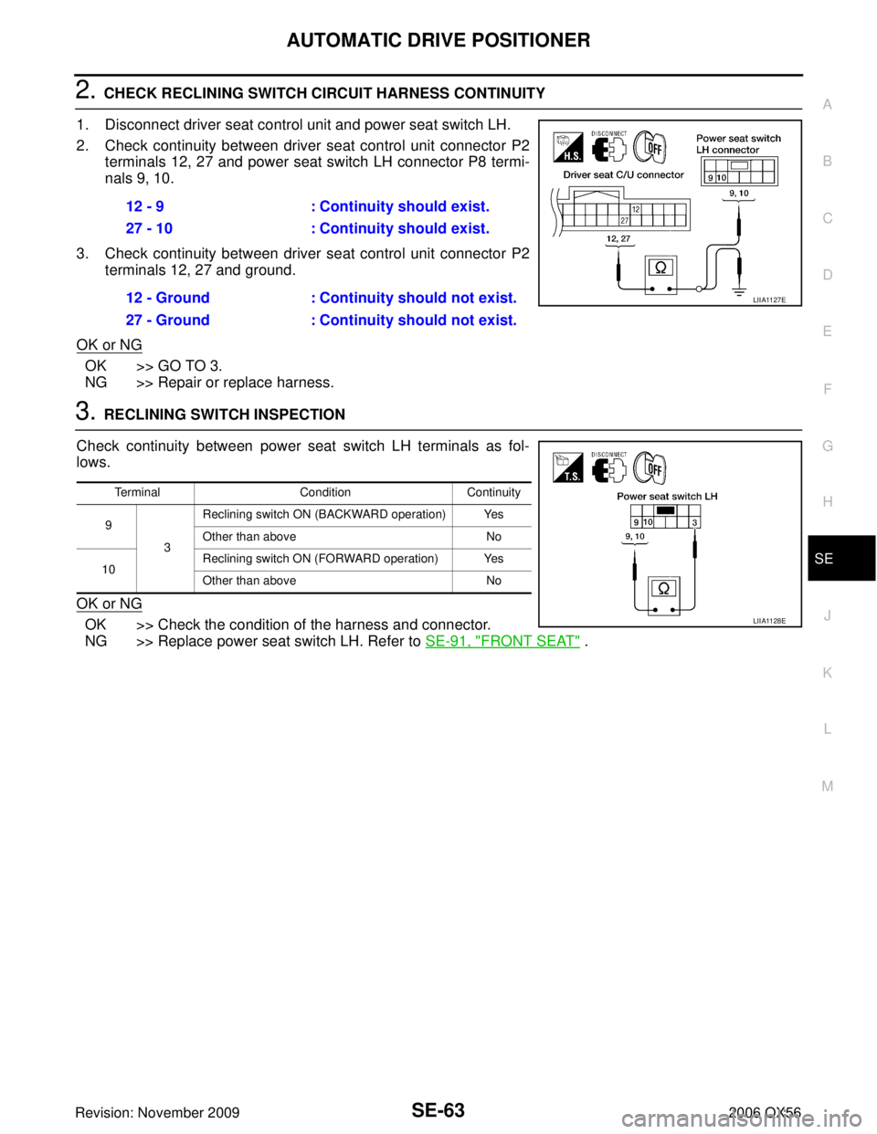 INFINITI QX56 2006  Factory Service Manual AUTOMATIC DRIVE POSITIONERSE-63
C
DE
F
G H
J
K L
M A
B
SE
Revision: November 2009 2006 QX56
2. CHECK RECLINING SWITCH CIRCUIT HARNESS CONTINUITY
1. Disconnect driver seat control unit and power seat s