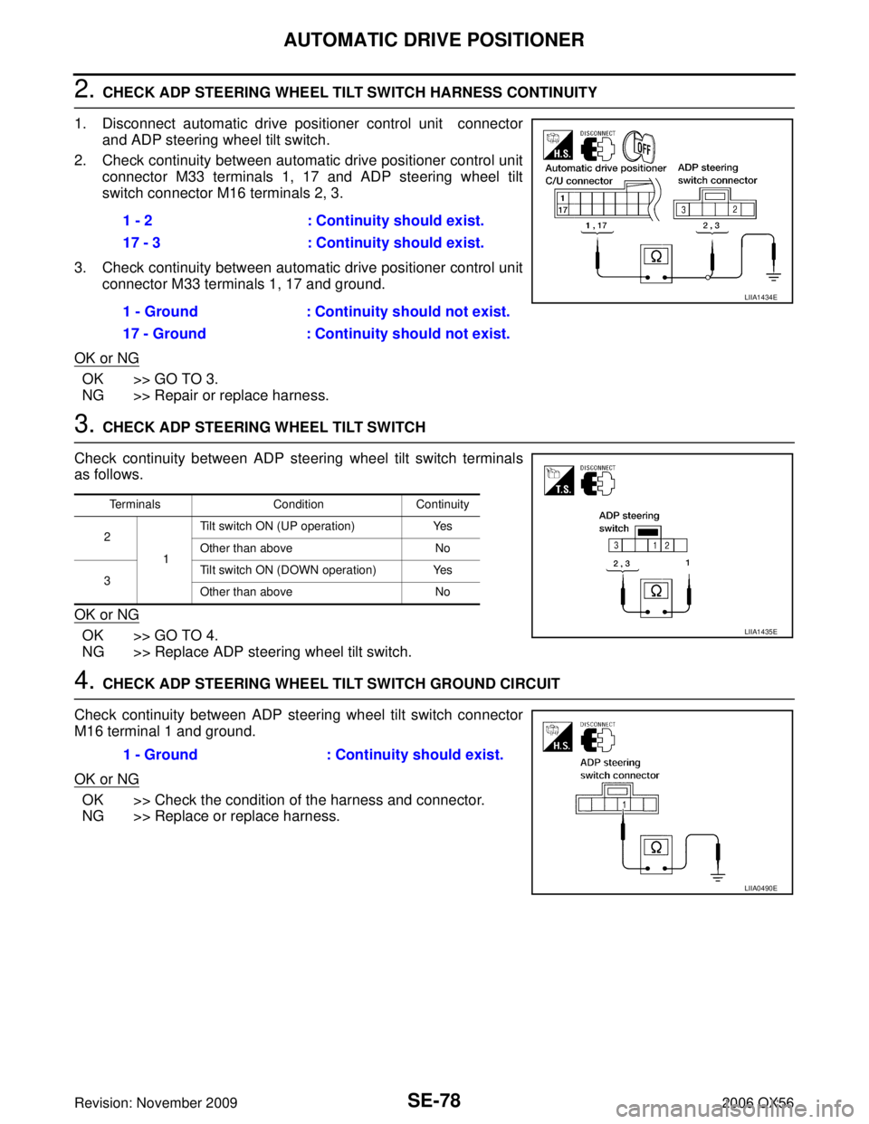 INFINITI QX56 2006  Factory Service Manual SE-78
AUTOMATIC DRIVE POSITIONER
Revision: November 20092006 QX56
2. CHECK ADP STEERING WHEEL TILT SWITCH HARNESS CONTINUITY
1. Disconnect automatic drive positioner control unit  connector and ADP st