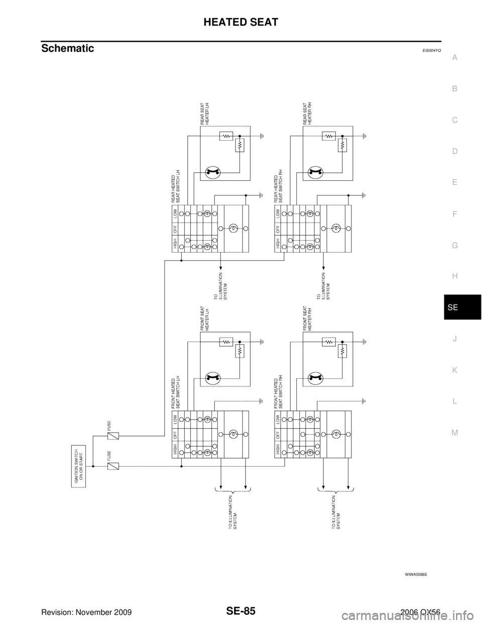 INFINITI QX56 2006  Factory Owners Guide HEATED SEATSE-85
C
DE
F
G H
J
K L
M A
B
SE
Revision: November 2009 2006 QX56
SchematicEIS004YQ
WIWA0586E 