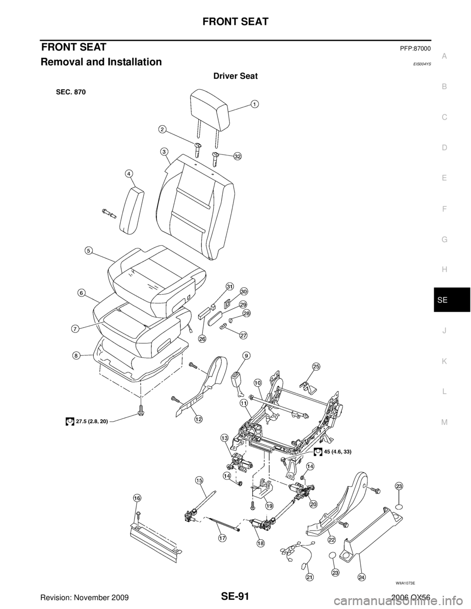 INFINITI QX56 2006  Factory Owners Guide FRONT SEATSE-91
C
DE
F
G H
J
K L
M A
B
SE
Revision: November 2009 2006 QX56
FRONT SEATPFP:87000
Removal and Installation EIS004YS
Driver Seat
WIIA1073E 