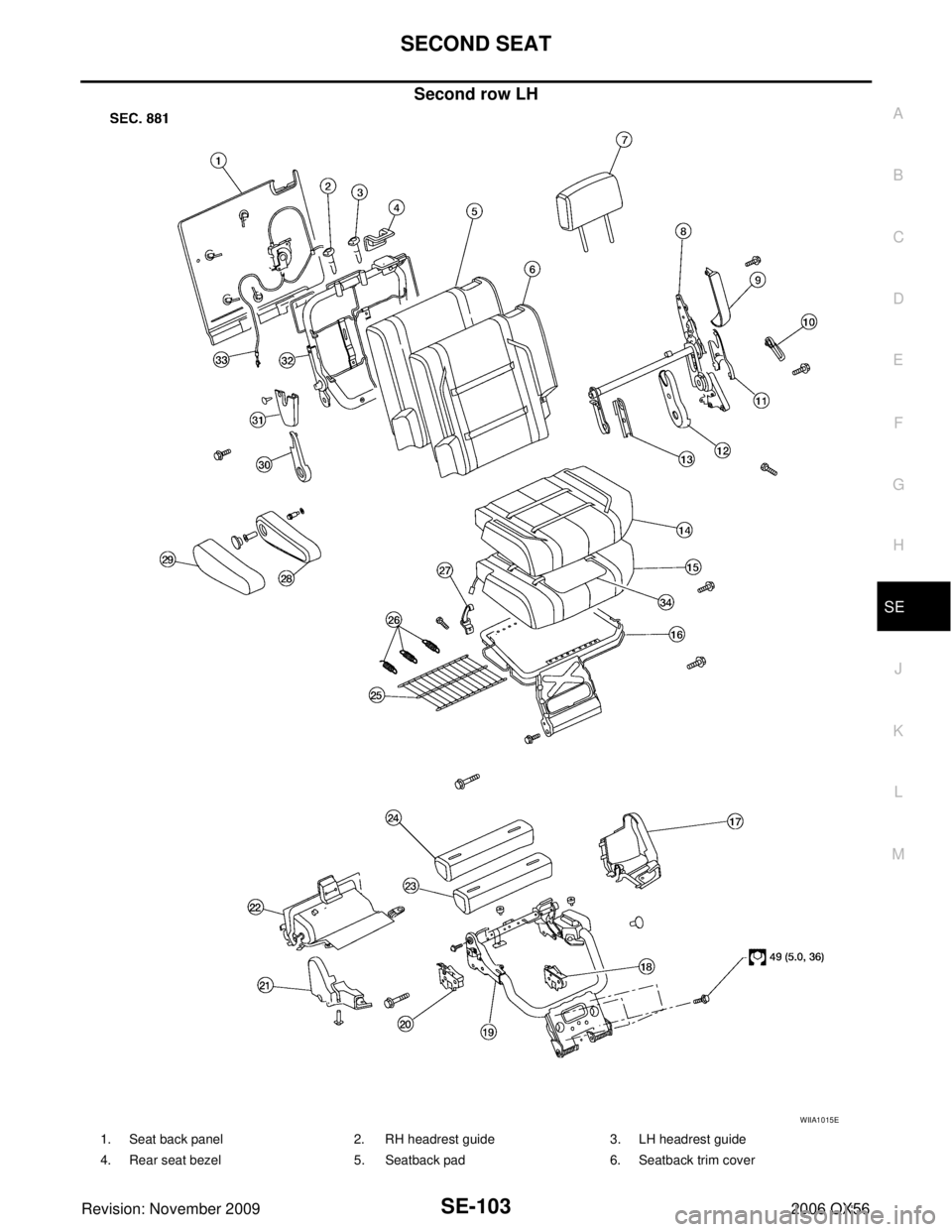 INFINITI QX56 2006 Factory Workshop Manual SECOND SEATSE-103
C
DE
F
G H
J
K L
M A
B
SE
Revision: November 2009 2006 QX56
Second row LH
WIIA1015E
1. Seat back panel2. RH headrest guide 3. LH headrest guide
4. Rear seat bezel 5. Seatback pad 6. INFINITI QX56 2006 Factory Workshop Manual SECOND SEATSE-103
C
DE
F
G H
J
K L
M A
B
SE
Revision: November 2009 2006 QX56
Second row LH
WIIA1015E
1. Seat back panel2. RH headrest guide 3. LH headrest guide
4. Rear seat bezel 5. Seatback pad 6.