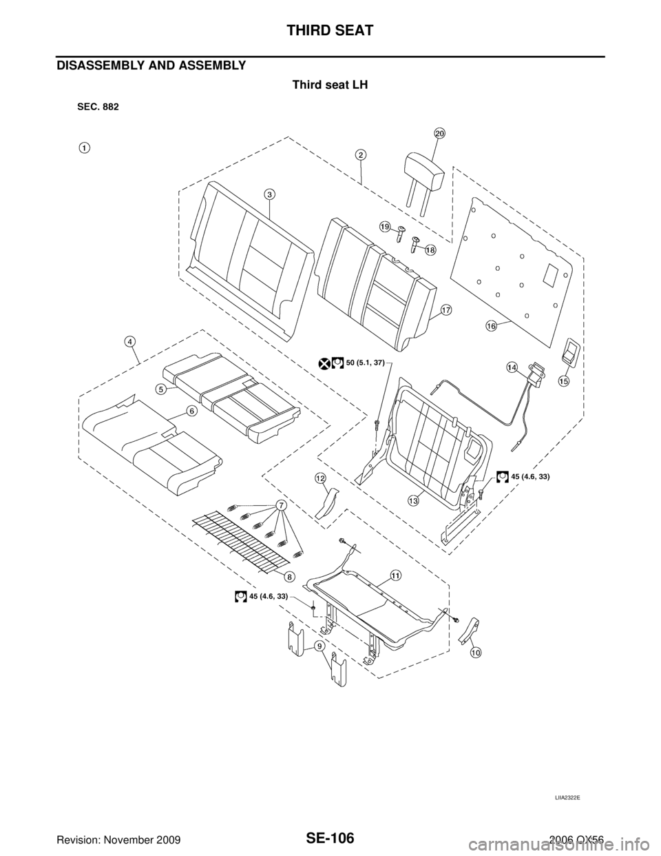 INFINITI QX56 2006  Factory Service Manual SE-106
THIRD SEAT
Revision: November 20092006 QX56
DISASSEMBLY AND ASSEMBLY
Third seat LH
LIIA2322E 