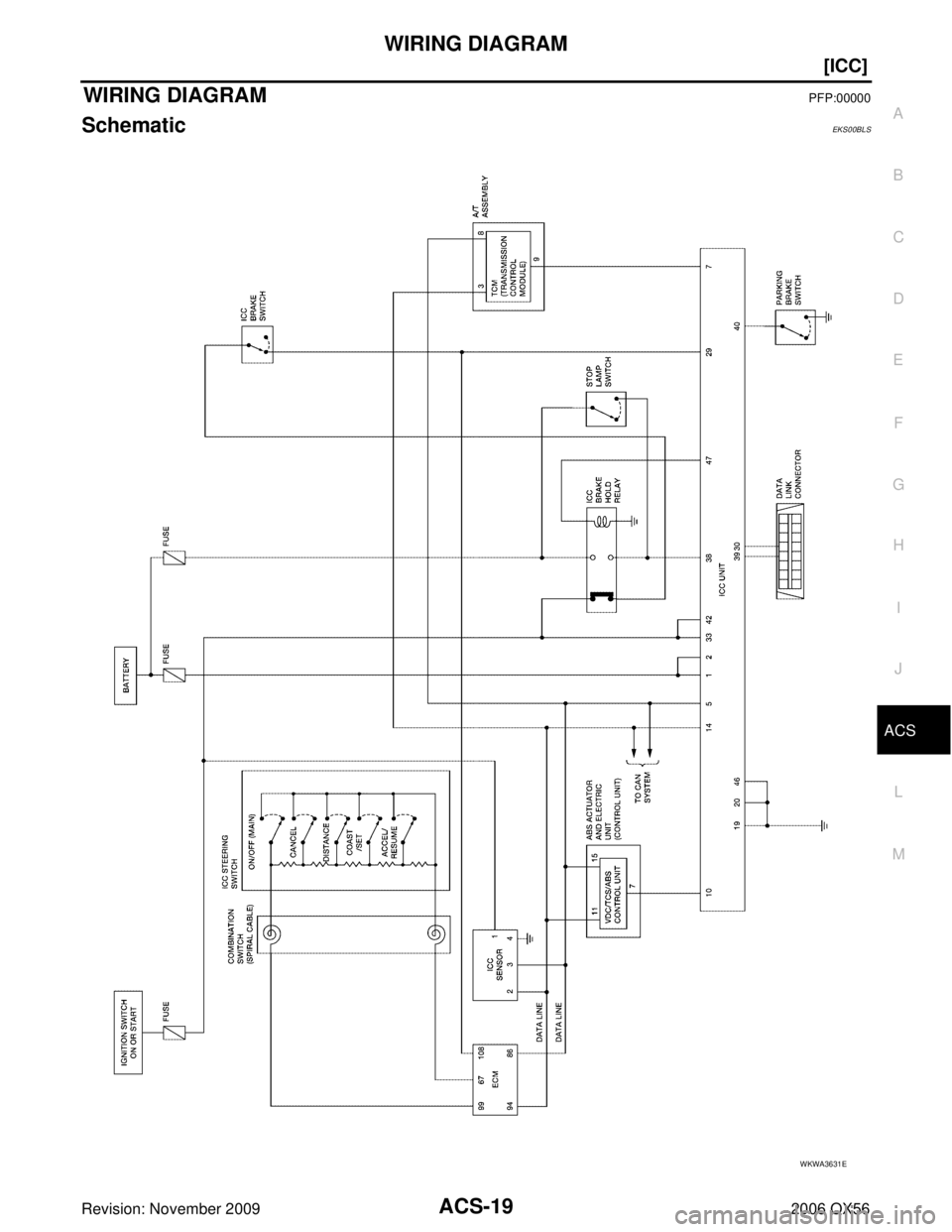 INFINITI QX56 2006  Factory Owners Guide WIRING DIAGRAMACS-19
[ICC]
C
DE
F
G H
I
J
L
M A
B
ACS
Revision: November 2009 2006 QX56
WIRING DIAGRAMPFP:00000
SchematicEKS00BLS
WKWA3631E 
