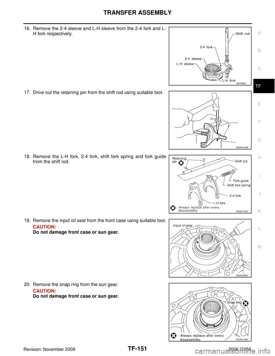 INFINITI QX56 2006  Factory Service Manual TRANSFER ASSEMBLYTF-151
CE F
G H
I
J
K L
M A
B
TF
Revision: November 2009 2006 QX56
16. Remove the 2-4 sleeve and L-H sleeve from the 2-4 fork and L-
H fork respectively.
17. Drive out the retaining p
