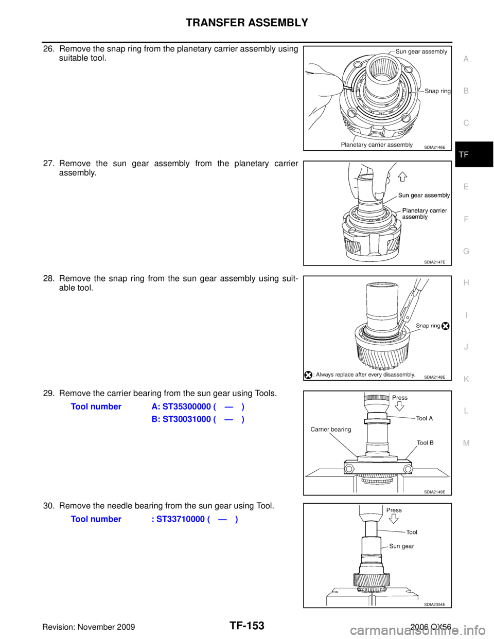 INFINITI QX56 2006  Factory Service Manual TRANSFER ASSEMBLYTF-153
CE F
G H
I
J
K L
M A
B
TF
Revision: November 2009 2006 QX56
26. Remove the snap ring from the planetary carrier assembly using
suitable tool.
27. Remove the sun gear assembly f