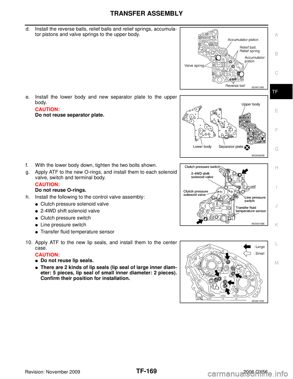 INFINITI QX56 2006  Factory Service Manual TRANSFER ASSEMBLYTF-169
CE F
G H
I
J
K L
M A
B
TF
Revision: November 2009 2006 QX56
d. Install the reverse balls, relief balls and relief springs, accumula-
tor pistons and valve springs to the upper 