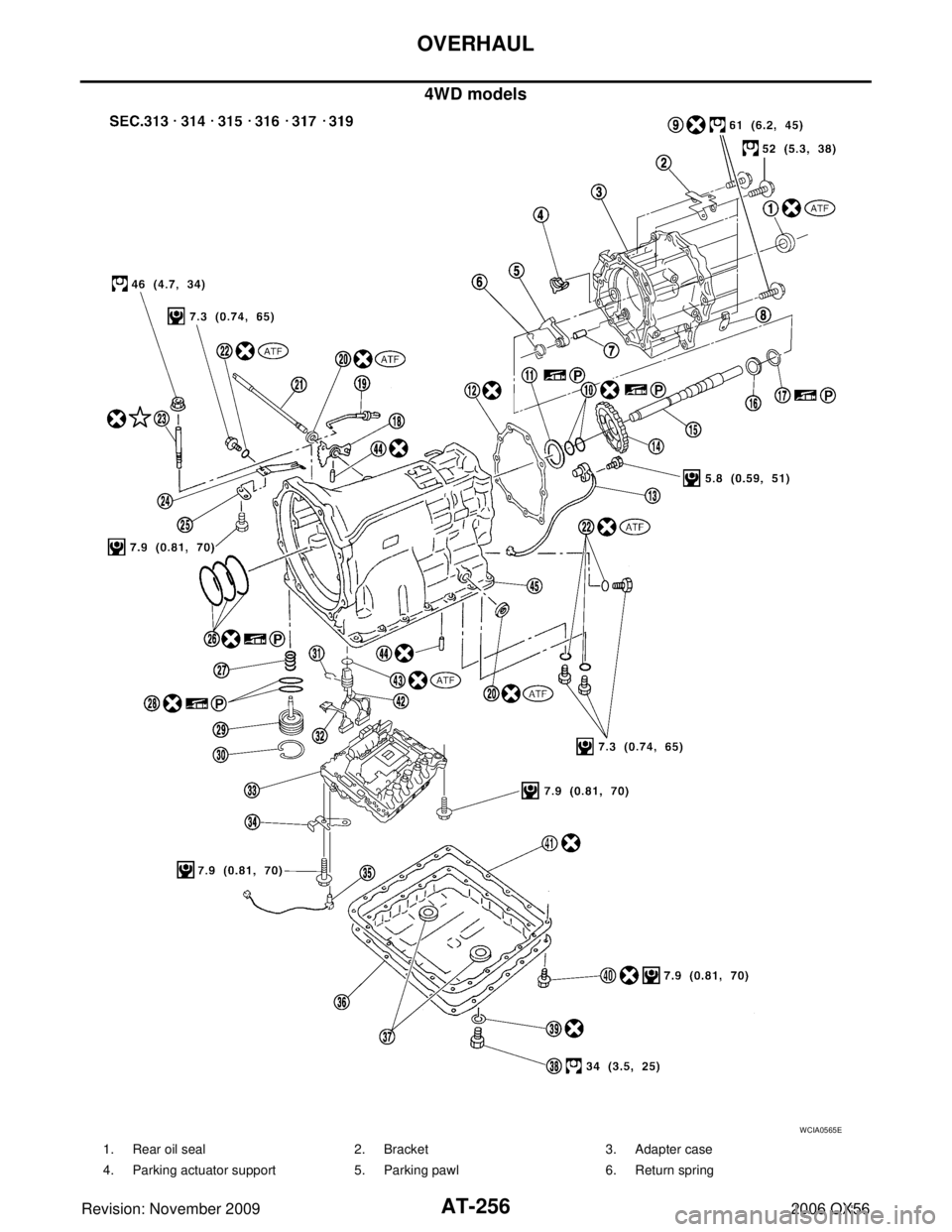 INFINITI QX56 2006  Factory Service Manual AT-256
OVERHAUL
Revision: November 20092006 QX56
4WD models
WCIA0565E
1. Rear oil seal2. Bracket 3. Adapter case
4. Parking actuator support 5. Parking pawl 6. Return spring 