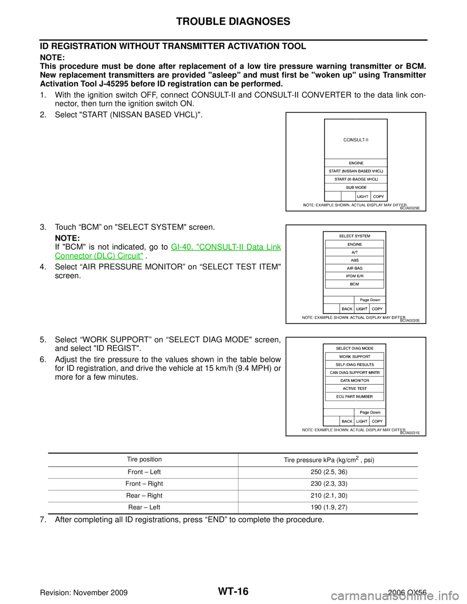 INFINITI QX56 2006 Factory Service Manual WT-16
TROUBLE DIAGNOSES
Revision: November 20092006 QX56
ID REGISTRATION WITHOUT TRANSMITTER ACTIVATION TOOL
NOTE:
This procedure must be done after replacement of a low tire pressure warning transmit INFINITI QX56 2006 Factory Service Manual WT-16
TROUBLE DIAGNOSES
Revision: November 20092006 QX56
ID REGISTRATION WITHOUT TRANSMITTER ACTIVATION TOOL
NOTE:
This procedure must be done after replacement of a low tire pressure warning transmit