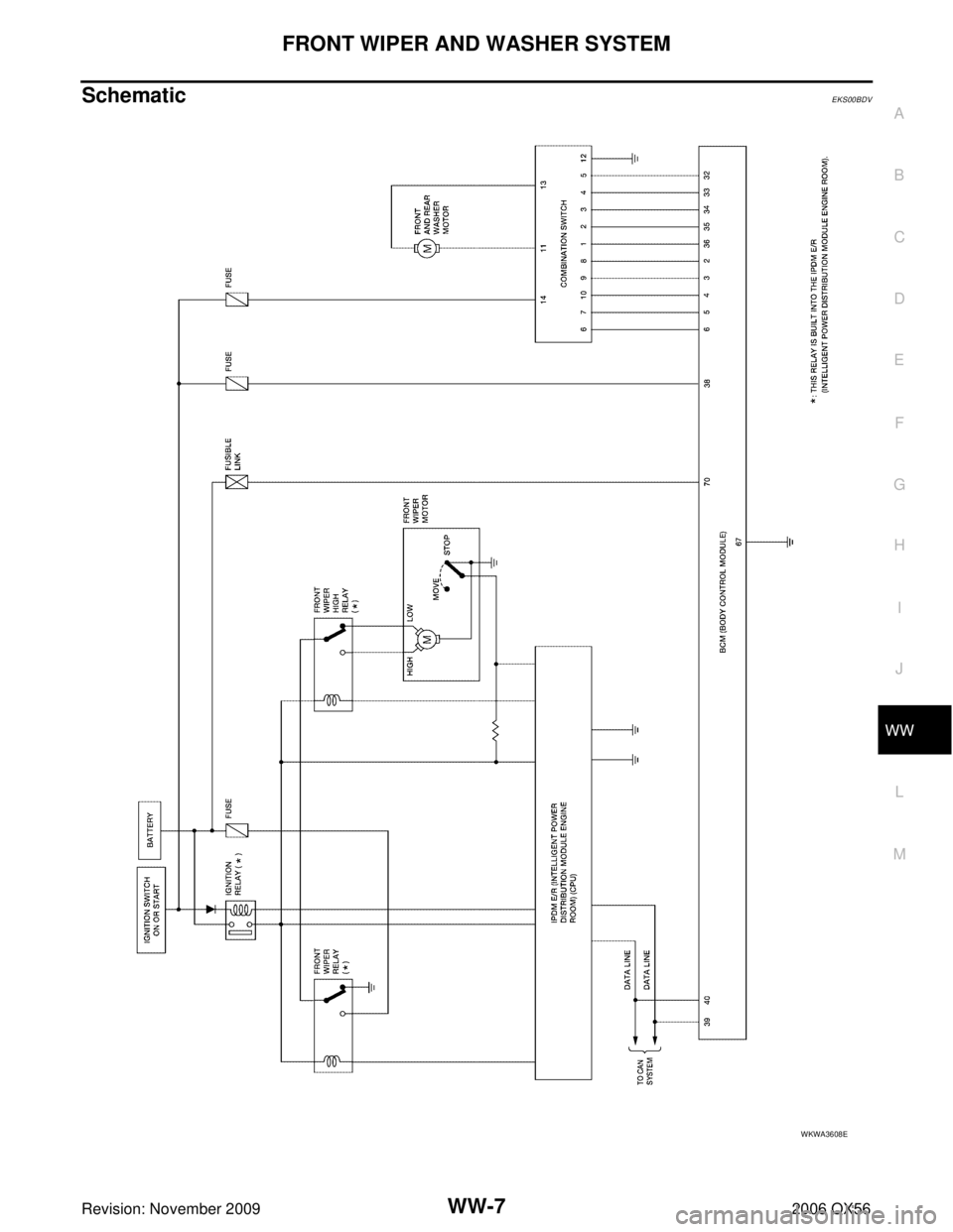 INFINITI QX56 2006  Factory Service Manual FRONT WIPER AND WASHER SYSTEMWW-7
C
DE
F
G H
I
J
L
M A
B
WW
Revision: November 2009 2006 QX56
SchematicEKS00BDV
WKWA3608E 