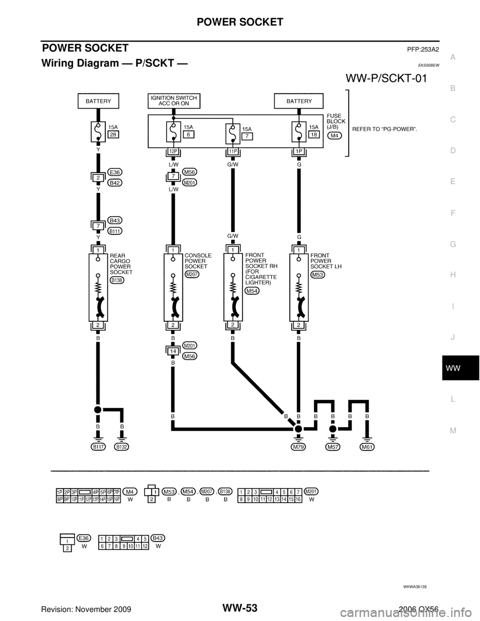 INFINITI QX56 2006 Factory Service Manual POWER SOCKETWW-53
C
DE
F
G H
I
J
L
M A
B
WW
Revision: November 2009 2006 QX56
POWER SOCKETPFP:253A2
Wiring Diagram — P/SCKT — EKS00BEW
WKWA3613E INFINITI QX56 2006 Factory Service Manual POWER SOCKETWW-53
C
DE
F
G H
I
J
L
M A
B
WW
Revision: November 2009 2006 QX56
POWER SOCKETPFP:253A2
Wiring Diagram — P/SCKT — EKS00BEW
WKWA3613E