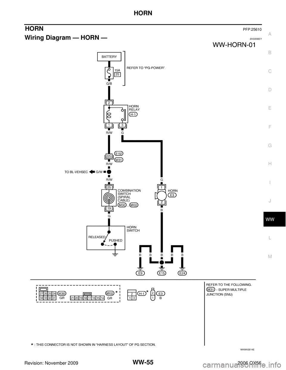 INFINITI QX56 2006 Factory Service Manual HORN
WW-55
C
D E
F
G H
I
J
L
M A
B
WW
Revision: November 2009 2006 QX56
HORNPFP:25610
Wiring Diagram — HORN — EKS00BEY
WKWA3614E INFINITI QX56 2006 Factory Service Manual HORN
WW-55
C
D E
F
G H
I
J
L
M A
B
WW
Revision: November 2009 2006 QX56
HORNPFP:25610
Wiring Diagram — HORN — EKS00BEY
WKWA3614E