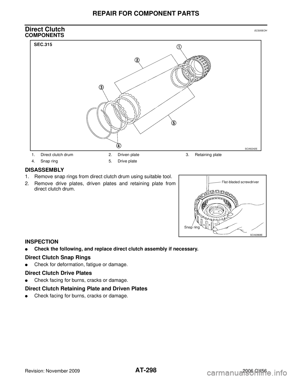 INFINITI QX56 2006  Factory Service Manual AT-298
REPAIR FOR COMPONENT PARTS
Revision: November 20092006 QX56
Direct ClutchECS00EOH
COMPONENTS
DISASSEMBLY
1. Remove snap rings from direct clutch drum using suitable tool.
2. Remove drive plates