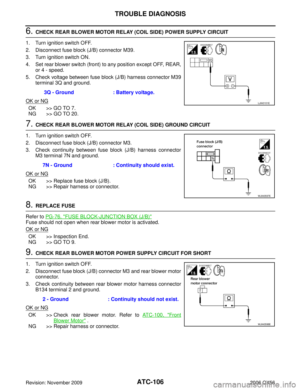 INFINITI QX56 2006  Factory Service Manual ATC-106
TROUBLE DIAGNOSIS
Revision: November 20092006 QX56
6. CHECK REAR BLOWER MOTOR RELAY (COIL SIDE) POWER SUPPLY CIRCUIT
1. Turn ignition switch OFF.
2. Disconnect fuse block (J/B) connector M39.
