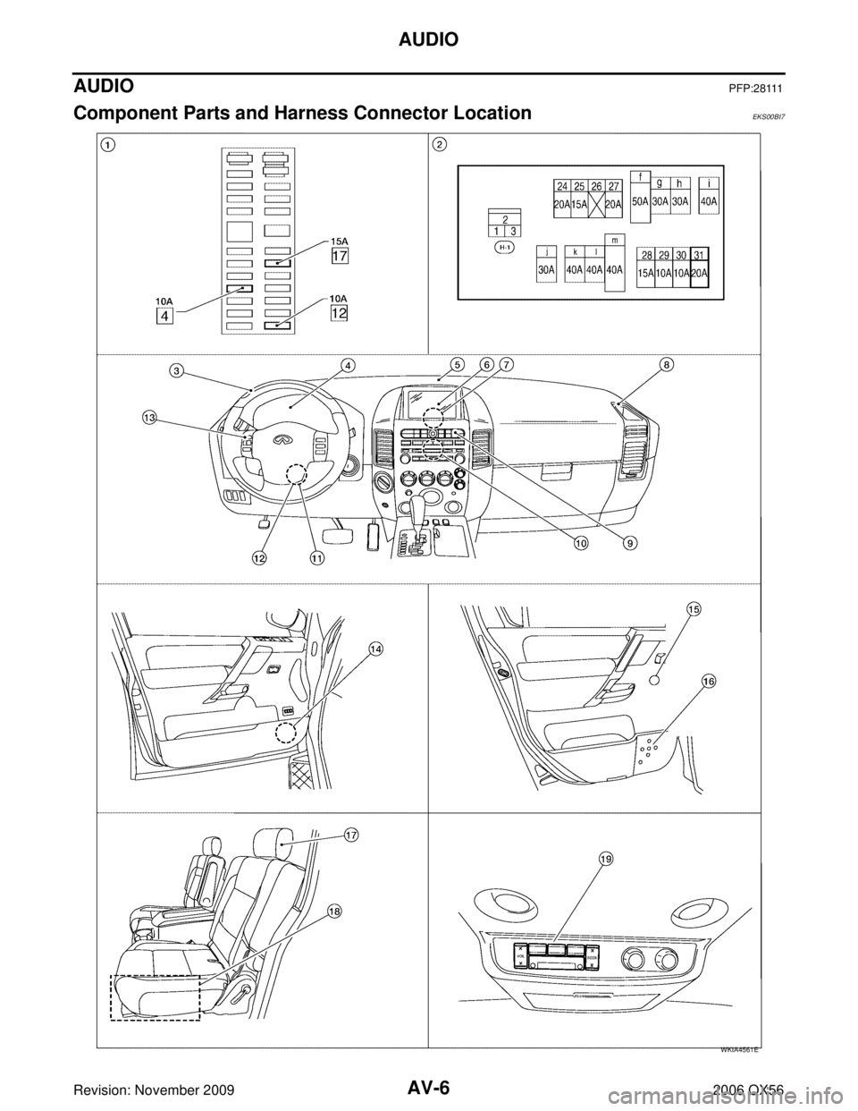 INFINITI QX56 2006  Factory Service Manual AV-6
AUDIO
Revision: November 20092006 QX56
AUDIOPFP:28111
Component Parts and Harness Connector LocationEKS00BI7
WKIA4561E 