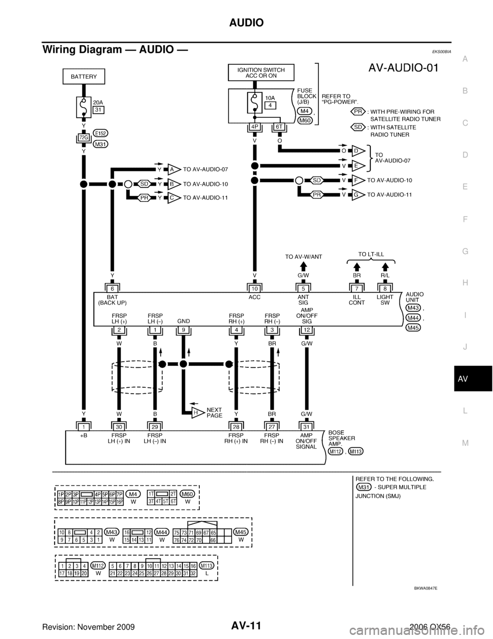INFINITI QX56 2006 Factory User Guide AUDIOAV-11
C
DE
F
G H
I
J
L
M A
B
AV
Revision: November 2009 2006 QX56
Wiring Diagram — AUDIO —EKS00BIA
BKWA0847E INFINITI QX56 2006 Factory User Guide AUDIOAV-11
C
DE
F
G H
I
J
L
M A
B
AV
Revision: November 2009 2006 QX56
Wiring Diagram — AUDIO —EKS00BIA
BKWA0847E