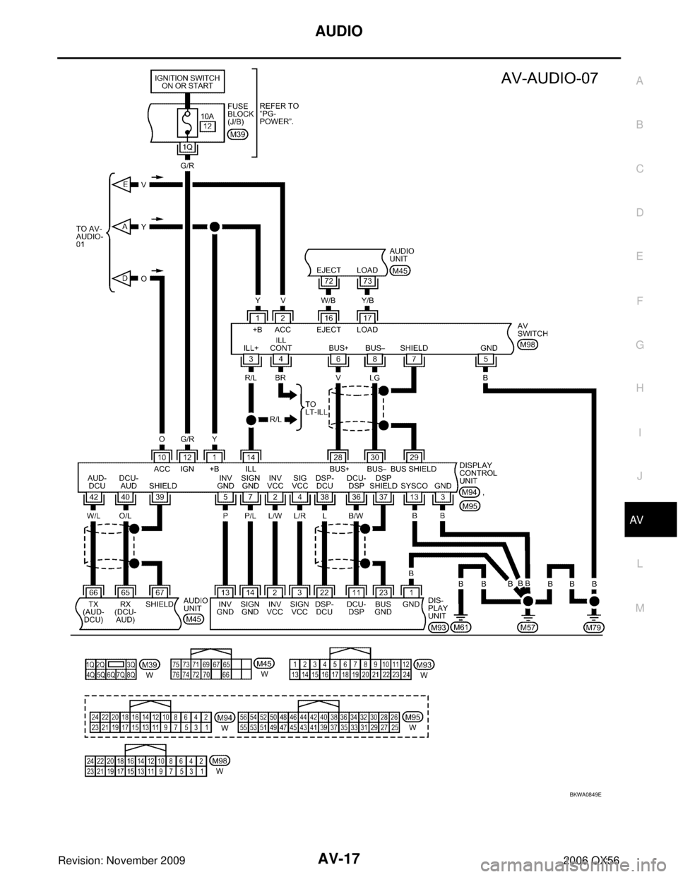 INFINITI QX56 2006 Factory User Guide AUDIOAV-17
C
DE
F
G H
I
J
L
M A
B
AV
Revision: November 2009 2006 QX56
BKWA0849E INFINITI QX56 2006 Factory User Guide AUDIOAV-17
C
DE
F
G H
I
J
L
M A
B
AV
Revision: November 2009 2006 QX56
BKWA0849E