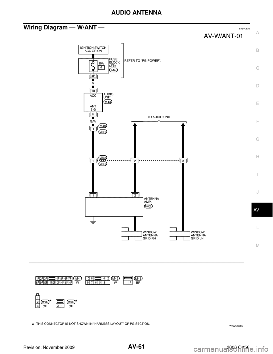 INFINITI QX56 2006 Factory Owners Manual AUDIO ANTENNAAV-61
C
DE
F
G H
I
J
L
M A
B
AV
Revision: November 2009 2006 QX56
Wiring Diagram — W/ANT —EKS00BJ2
WKWA2285E INFINITI QX56 2006 Factory Owners Manual AUDIO ANTENNAAV-61
C
DE
F
G H
I
J
L
M A
B
AV
Revision: November 2009 2006 QX56
Wiring Diagram — W/ANT —EKS00BJ2
WKWA2285E
