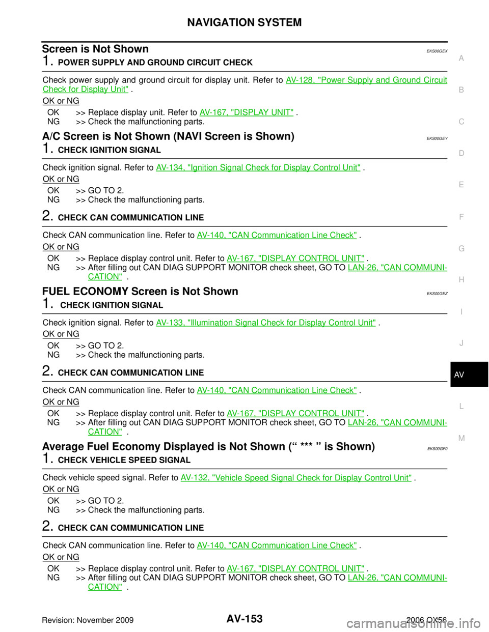 INFINITI QX56 2006 Factory Manual PDF NAVIGATION SYSTEMAV-153
C
DE
F
G H
I
J
L
M A
B
AV
Revision: November 2009 2006 QX56
Screen is Not ShownEKS00GEX
1. POWER SUPPLY AND GROUND CIRCUIT CHECK
Check power supply and ground circuit for displ INFINITI QX56 2006 Factory Manual PDF NAVIGATION SYSTEMAV-153
C
DE
F
G H
I
J
L
M A
B
AV
Revision: November 2009 2006 QX56
Screen is Not ShownEKS00GEX
1. POWER SUPPLY AND GROUND CIRCUIT CHECK
Check power supply and ground circuit for displ