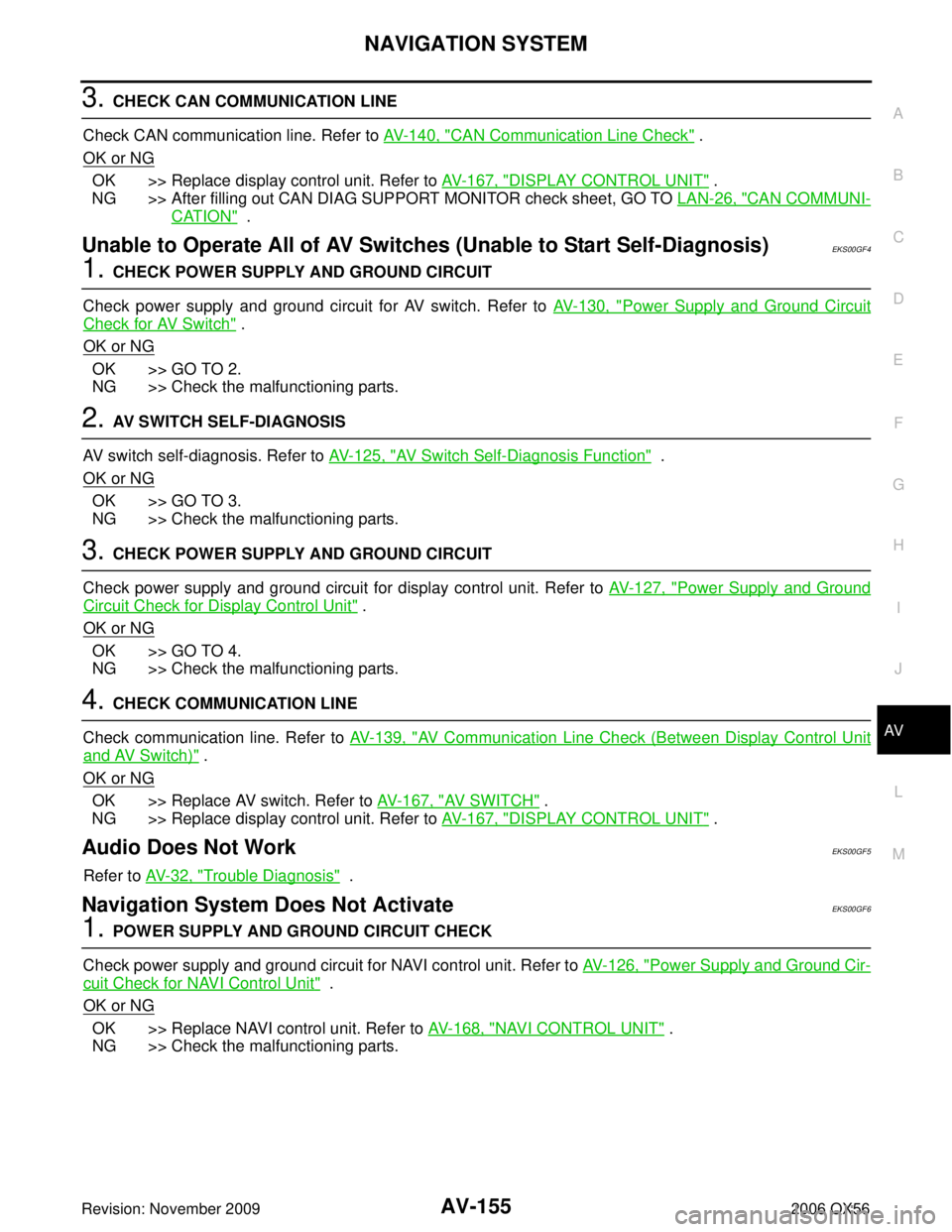 INFINITI QX56 2006 Factory Manual PDF NAVIGATION SYSTEMAV-155
C
DE
F
G H
I
J
L
M A
B
AV
Revision: November 2009 2006 QX56
3. CHECK CAN COMMUNICATION LINE
Check CAN communication line. Refer to AV- 1 4 0 , "
CAN Communication Line Check" INFINITI QX56 2006 Factory Manual PDF NAVIGATION SYSTEMAV-155
C
DE
F
G H
I
J
L
M A
B
AV
Revision: November 2009 2006 QX56
3. CHECK CAN COMMUNICATION LINE
Check CAN communication line. Refer to AV- 1 4 0 , "
CAN Communication Line Check"