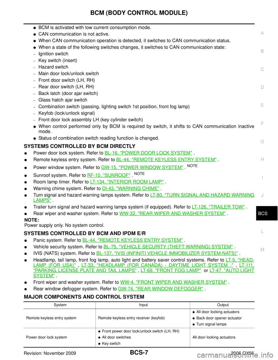 INFINITI QX56 2006  Factory Service Manual BCM (BODY CONTROL MODULE)BCS-7
C
DE
F
G H
I
J
L
M A
B
BCS
Revision: November 2009 2006 QX56
BCM is activated with low current consumption mode.
CAN communication is not active.
When CAN communicati