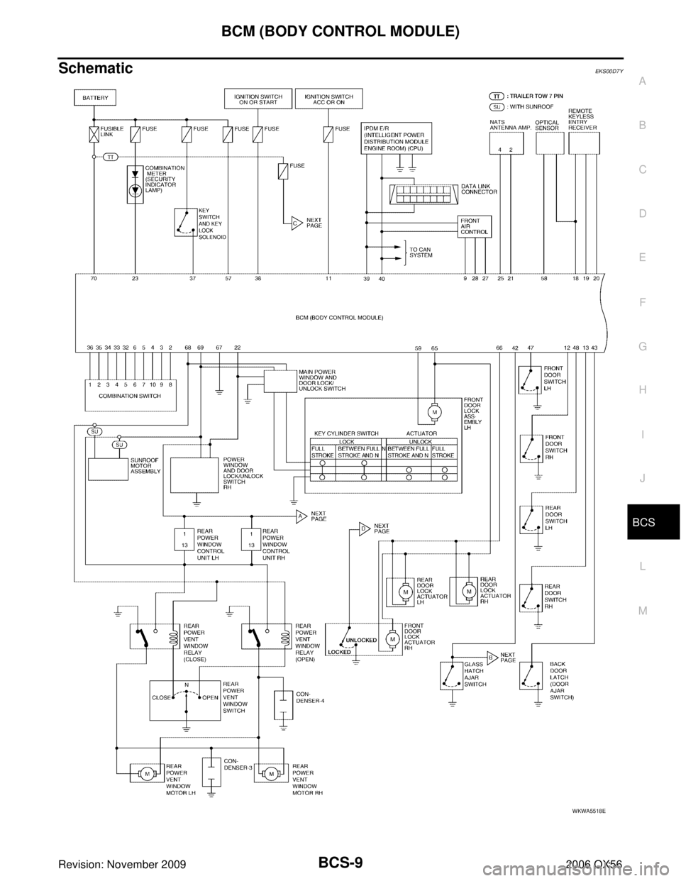 INFINITI QX56 2006  Factory Service Manual BCM (BODY CONTROL MODULE)BCS-9
C
DE
F
G H
I
J
L
M A
B
BCS
Revision: November 2009 2006 QX56
SchematicEKS00D7Y
WKWA5518E 