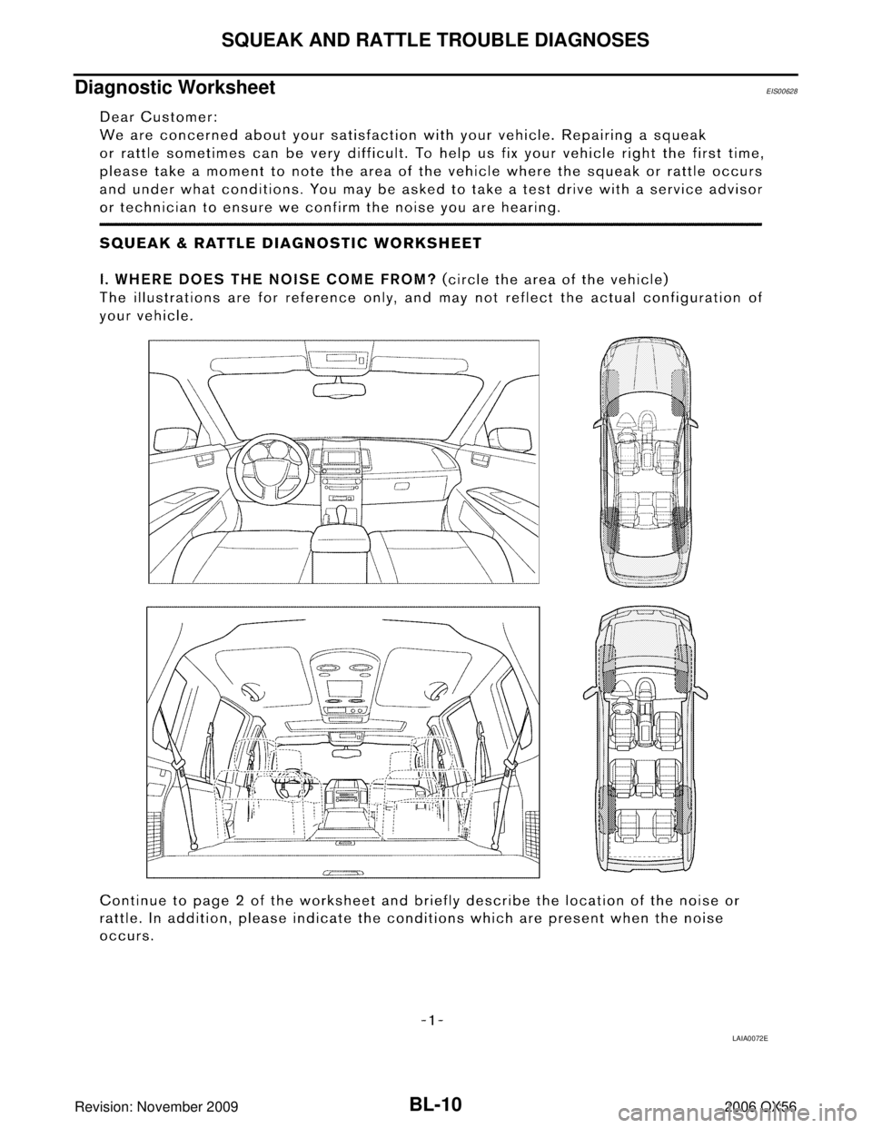INFINITI QX56 2006  Factory Service Manual BL-10
SQUEAK AND RATTLE TROUBLE DIAGNOSES
Revision: November 20092006 QX56
Diagnostic WorksheetEIS00628
LAIA0072E 