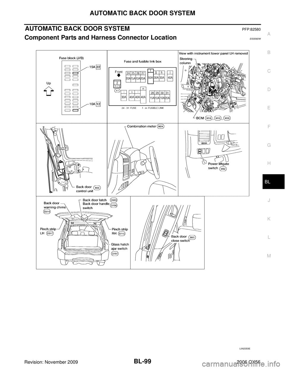 INFINITI QX56 2006  Factory Service Manual AUTOMATIC BACK DOOR SYSTEMBL-99
C
DE
F
G H
J
K L
M A
B
BL
Revision: November 2009 2006 QX56
AUTOMATIC BACK DOOR SYSTEMPFP:82580
Component Parts and Harness Connector LocationEIS0060W
LIIA2059E 