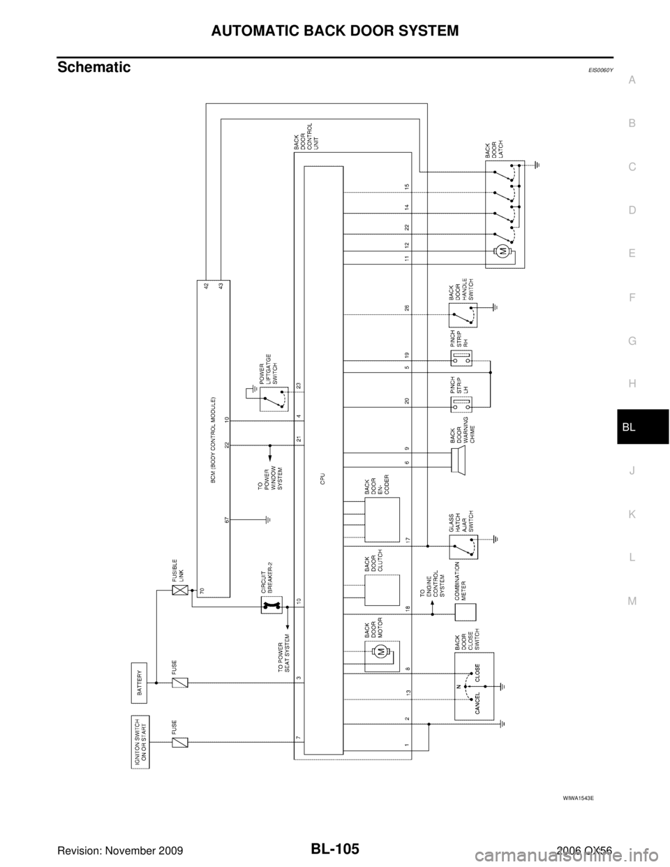 INFINITI QX56 2006  Factory Service Manual AUTOMATIC BACK DOOR SYSTEMBL-105
C
DE
F
G H
J
K L
M A
B
BL
Revision: November 2009 2006 QX56
SchematicEIS0060Y
WIWA1543E 