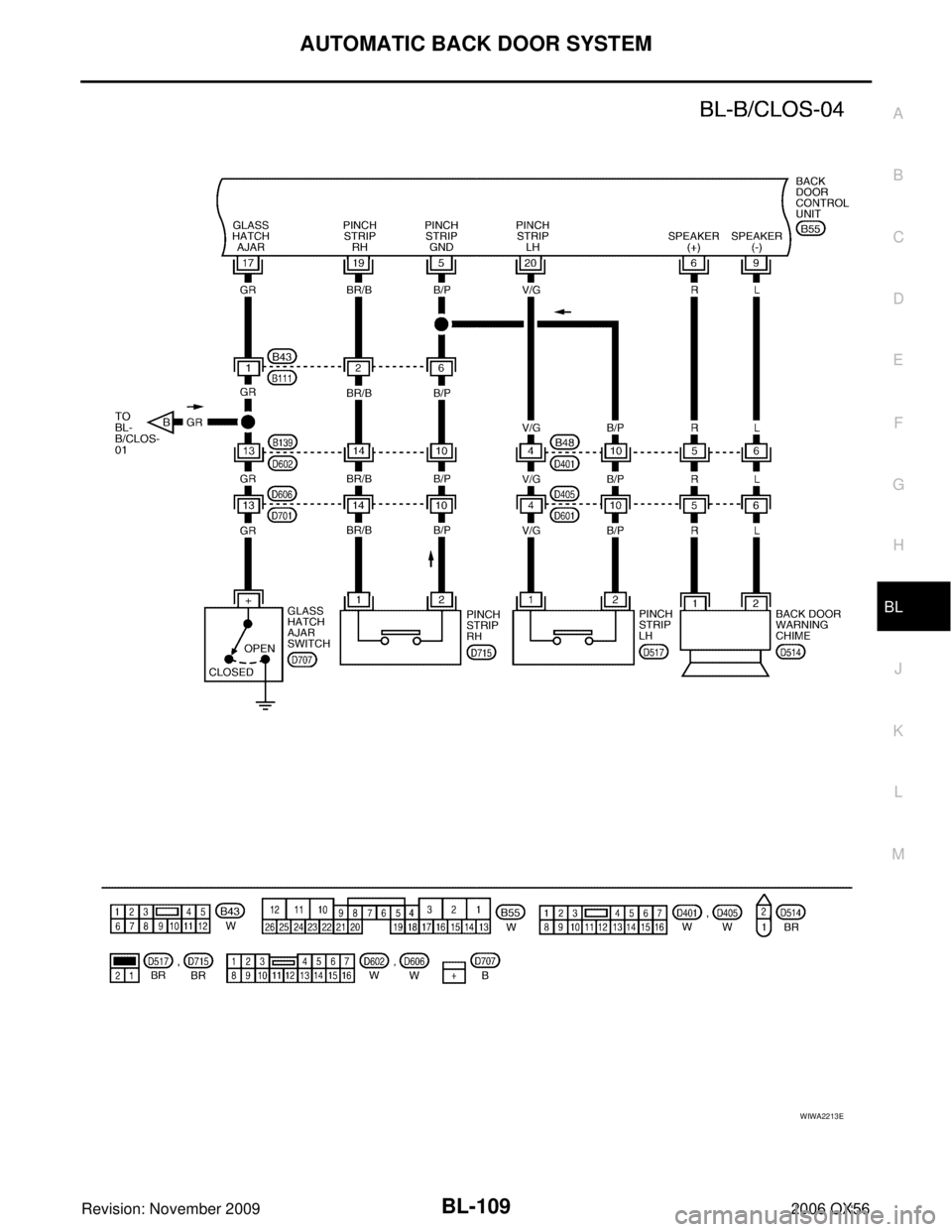 INFINITI QX56 2006  Factory Service Manual AUTOMATIC BACK DOOR SYSTEMBL-109
C
DE
F
G H
J
K L
M A
B
BL
Revision: November 2009 2006 QX56
WIWA2213E 