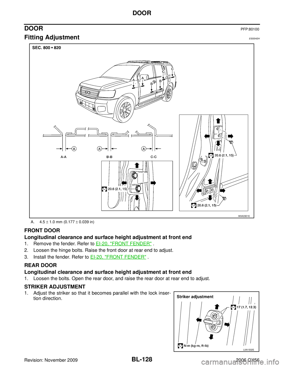 INFINITI QX56 2006  Factory Service Manual BL-128
DOOR
Revision: November 20092006 QX56
DOORPFP:80100
Fitting AdjustmentEIS004SH
FRONT DOOR
Longitudinal clearance and surface height adjustment at front end
1. Remove the fender. Refer to EI-20,
