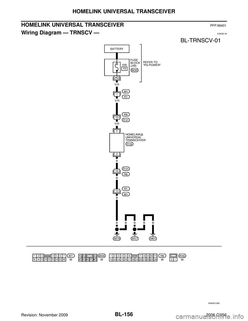INFINITI QX56 2006 Factory Service Manual BL-156
HOMELINK UNIVERSAL TRANSCEIVER
Revision: November 20092006 QX56
HOMELINK UNIVERSAL TRANSCEIVERPFP:96401
Wiring Diagram — TRNSCV —EIS0061W
WIWA0759E INFINITI QX56 2006 Factory Service Manual BL-156
HOMELINK UNIVERSAL TRANSCEIVER
Revision: November 20092006 QX56
HOMELINK UNIVERSAL TRANSCEIVERPFP:96401
Wiring Diagram — TRNSCV —EIS0061W
WIWA0759E