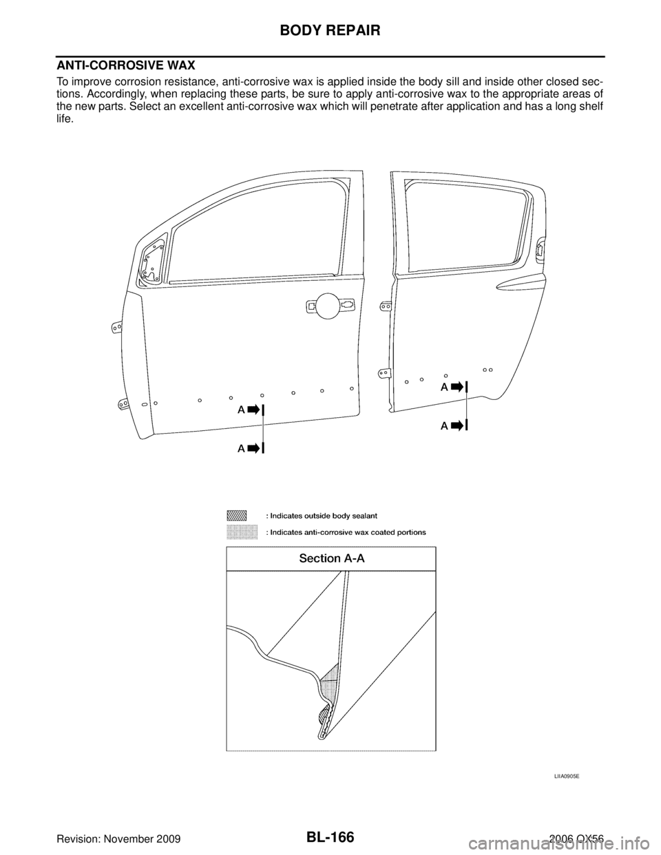 INFINITI QX56 2006  Factory Service Manual BL-166
BODY REPAIR
Revision: November 20092006 QX56
ANTI-CORROSIVE WAX
To improve corrosion resistance, anti-corrosive wax is applied inside the body sill and inside other closed sec-
tions. According
