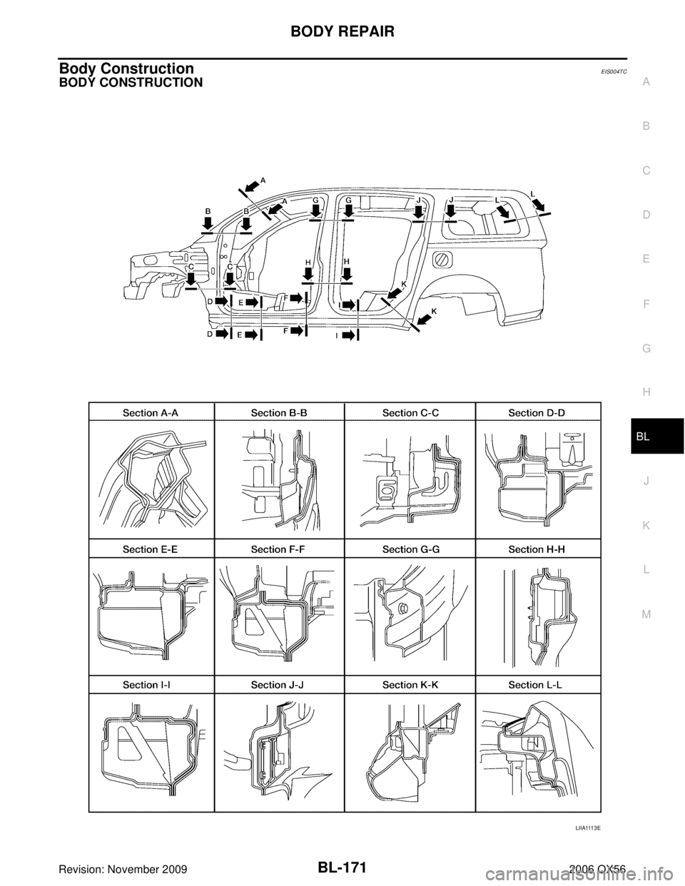 INFINITI QX56 2006  Factory Service Manual BODY REPAIRBL-171
C
DE
F
G H
J
K L
M A
B
BL
Revision: November 2009 2006 QX56
Body ConstructionEIS004TC
BODY CONSTRUCTION
LIIA1113E 