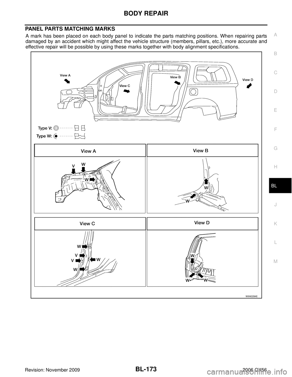 INFINITI QX56 2006  Factory Service Manual BODY REPAIRBL-173
C
DE
F
G H
J
K L
M A
B
BL
Revision: November 2009 2006 QX56
PANEL PARTS MATCHING MARKS
A mark has been placed on each body panel to indicate the parts matching positions. When repair