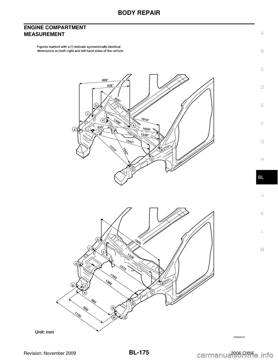 INFINITI QX56 2006 Factory Service Manual BODY REPAIRBL-175
C
DE
F
G H
J
K L
M A
B
BL
Revision: November 2009 2006 QX56
ENGINE COMPARTMENT
MEASUREMENT
WIIA0551E INFINITI QX56 2006 Factory Service Manual BODY REPAIRBL-175
C
DE
F
G H
J
K L
M A
B
BL
Revision: November 2009 2006 QX56
ENGINE COMPARTMENT
MEASUREMENT
WIIA0551E