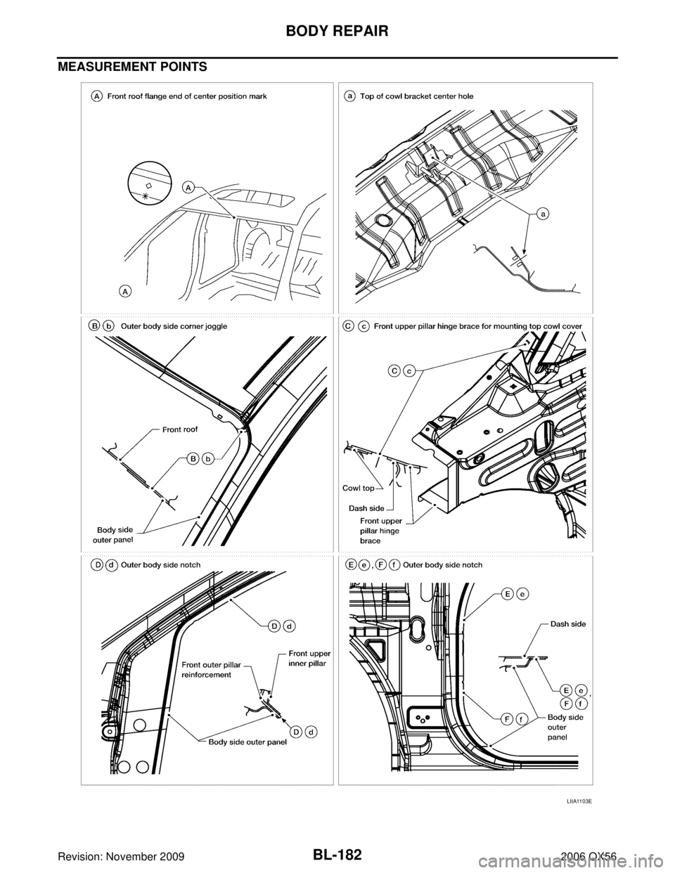 INFINITI QX56 2006 Factory Service Manual BL-182
BODY REPAIR
Revision: November 20092006 QX56
MEASUREMENT POINTS
LIIA1103E INFINITI QX56 2006 Factory Service Manual BL-182
BODY REPAIR
Revision: November 20092006 QX56
MEASUREMENT POINTS
LIIA1103E