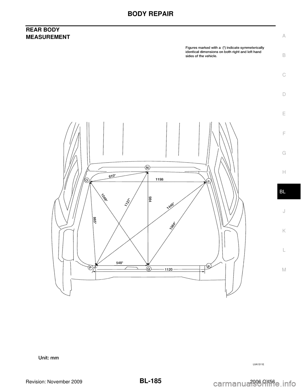 INFINITI QX56 2006 Factory Service Manual BODY REPAIRBL-185
C
DE
F
G H
J
K L
M A
B
BL
Revision: November 2009 2006 QX56
REAR BODY
MEASUREMENT
LIIA1511E INFINITI QX56 2006 Factory Service Manual BODY REPAIRBL-185
C
DE
F
G H
J
K L
M A
B
BL
Revision: November 2009 2006 QX56
REAR BODY
MEASUREMENT
LIIA1511E