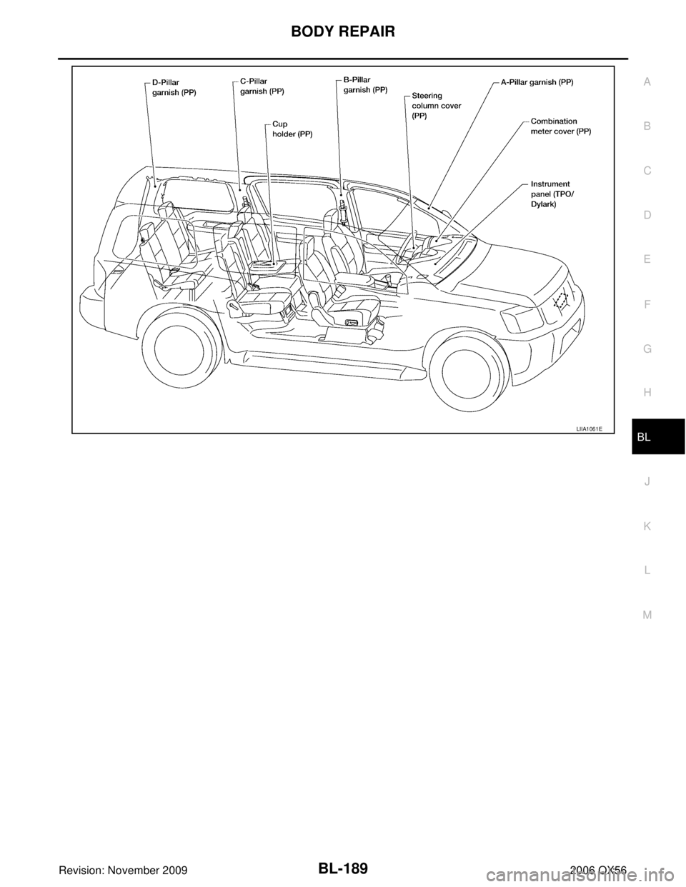 INFINITI QX56 2006 Factory Service Manual BODY REPAIRBL-189
C
DE
F
G H
J
K L
M A
B
BL
Revision: November 2009 2006 QX56LIIA1061E INFINITI QX56 2006 Factory Service Manual BODY REPAIRBL-189
C
DE
F
G H
J
K L
M A
B
BL
Revision: November 2009 2006 QX56LIIA1061E