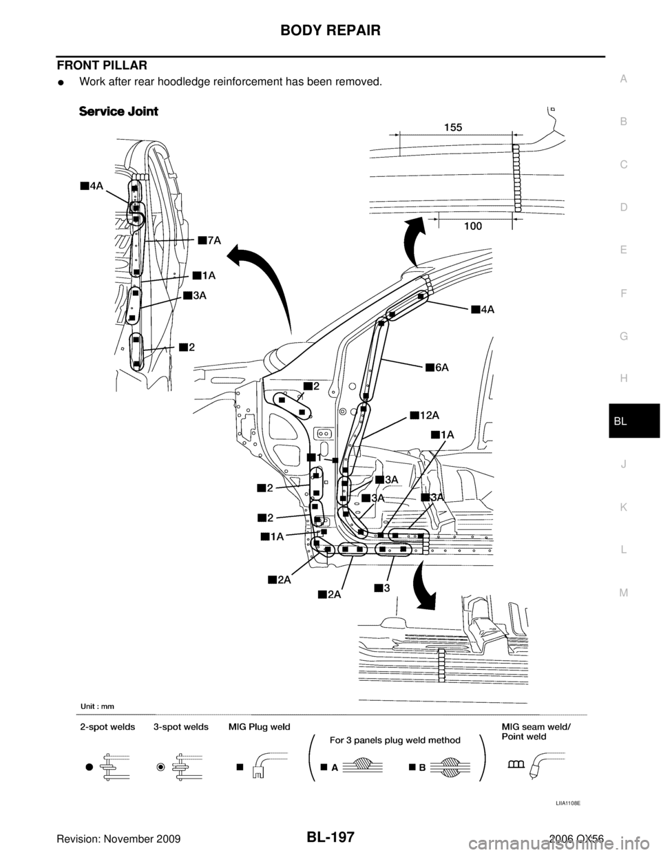 INFINITI QX56 2006  Factory Service Manual BODY REPAIRBL-197
C
DE
F
G H
J
K L
M A
B
BL
Revision: November 2009 2006 QX56
FRONT PILLAR
Work after rear hoodledge reinforcement has been removed.
LIIA1108E 