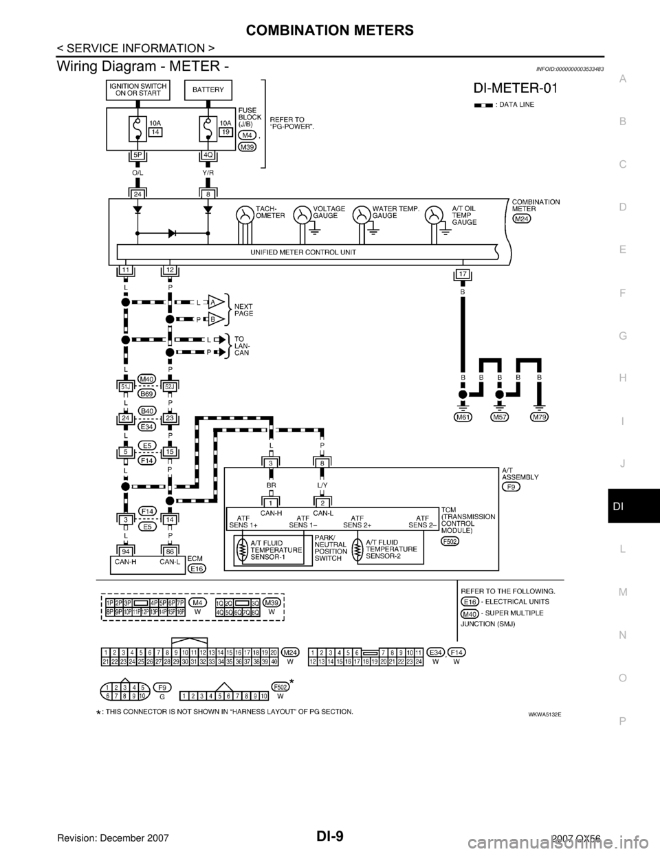 INFINITI QX56 2007 Factory Workshop Manual
COMBINATION METERSDI-9
< SERVICE INFORMATION >
C
DE
F
G H
I
J
L
M A
B
DI
N
O P
Wiring Diagram - METER -INFOID:0000000003533483
WKWA5132E INFINITI QX56 2007 Factory Workshop Manual
COMBINATION METERSDI-9
< SERVICE INFORMATION >
C
DE
F
G H
I
J
L
M A
B
DI
N
O P
Wiring Diagram - METER -INFOID:0000000003533483
WKWA5132E