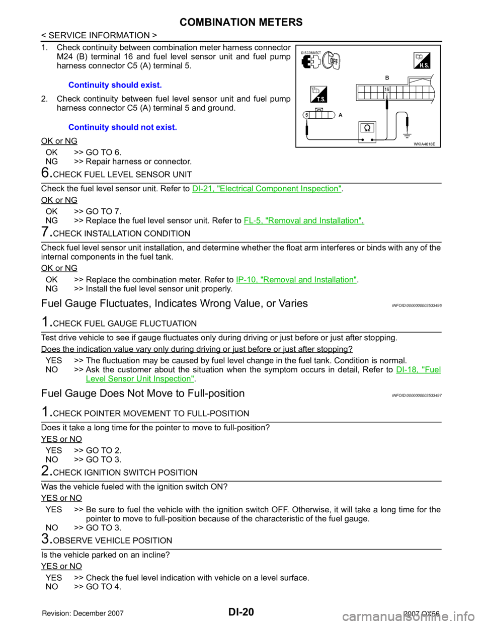 INFINITI QX56 2007 Factory Service Manual
DI-20
< SERVICE INFORMATION >
COMBINATION METERS
1. Check continuity between combination meter harness connectorM24 (B) terminal 16 and fuel level sensor unit and fuel pump
harness connector C5 (A) t INFINITI QX56 2007 Factory Service Manual
DI-20
< SERVICE INFORMATION >
COMBINATION METERS
1. Check continuity between combination meter harness connectorM24 (B) terminal 16 and fuel level sensor unit and fuel pump
harness connector C5 (A) t