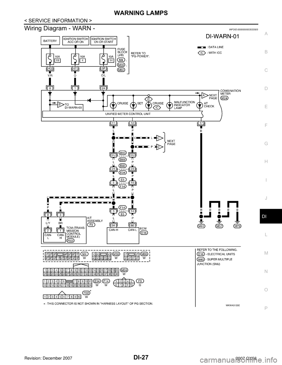 INFINITI QX56 2007  Factory Workshop Manual WARNING LAMPS
DI-27
< SERVICE INFORMATION >
C
D
E
F
G
H
I
J
L
MA
B
DI
N
O
P
Wiring Diagram - WARN -INFOID:0000000003533505
WKWA5135E 