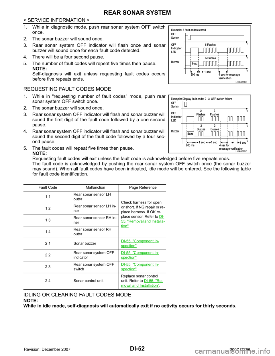 INFINITI QX56 2007 Factory Owners Manual DI-52
< SERVICE INFORMATION >
REAR SONAR SYSTEM
1. While in diagnostic mode, push rear sonar system OFF switch
once.
2. The sonar buzzer will sound once.
3. Rear sonar system OFF indicator will flash INFINITI QX56 2007 Factory Owners Manual DI-52
< SERVICE INFORMATION >
REAR SONAR SYSTEM
1. While in diagnostic mode, push rear sonar system OFF switch
once.
2. The sonar buzzer will sound once.
3. Rear sonar system OFF indicator will flash
