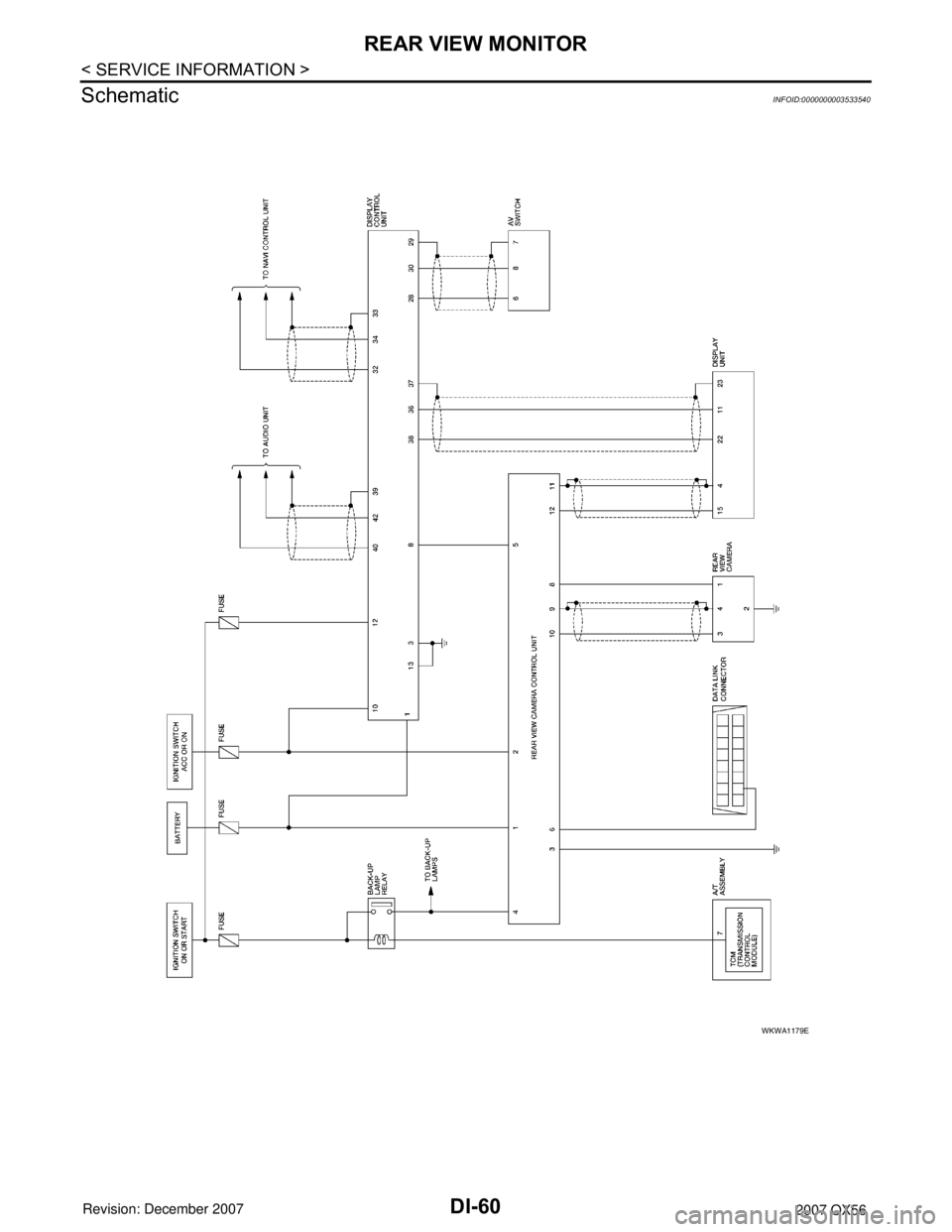 INFINITI QX56 2007 Factory Service Manual DI-60
< SERVICE INFORMATION >
REAR VIEW MONITOR
Schematic
INFOID:0000000003533540
WKWA1179E INFINITI QX56 2007 Factory Service Manual DI-60
< SERVICE INFORMATION >
REAR VIEW MONITOR
Schematic
INFOID:0000000003533540
WKWA1179E