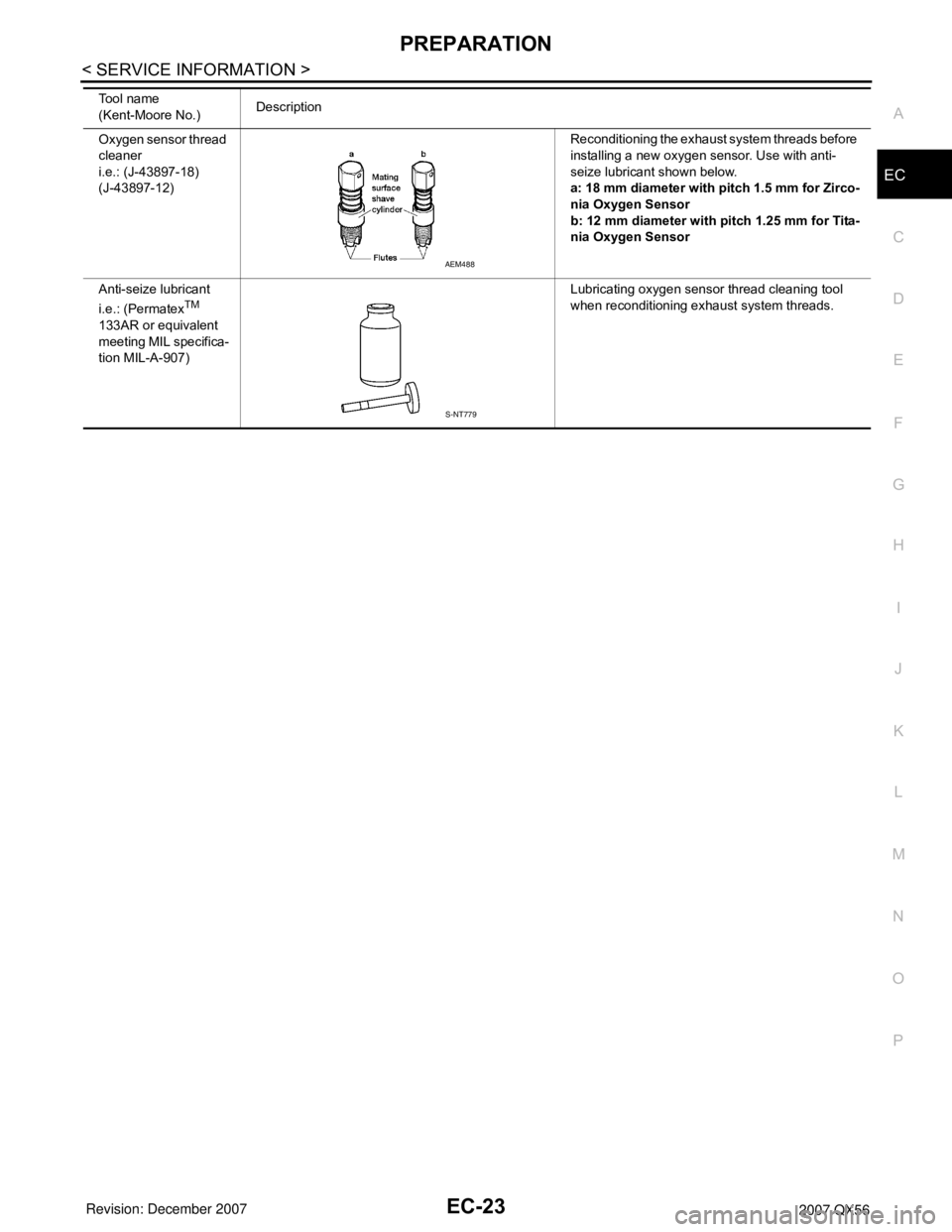 INFINITI QX56 2007  Factory Service Manual PREPARATION
EC-23
< SERVICE INFORMATION >
C
D
E
F
G
H
I
J
K
L
MA
EC
N
P O
Oxygen sensor thread 
cleaner
i.e.: (J-43897-18)
(J-43897-12)Reconditioning the exhaust system threads before 
installing a ne