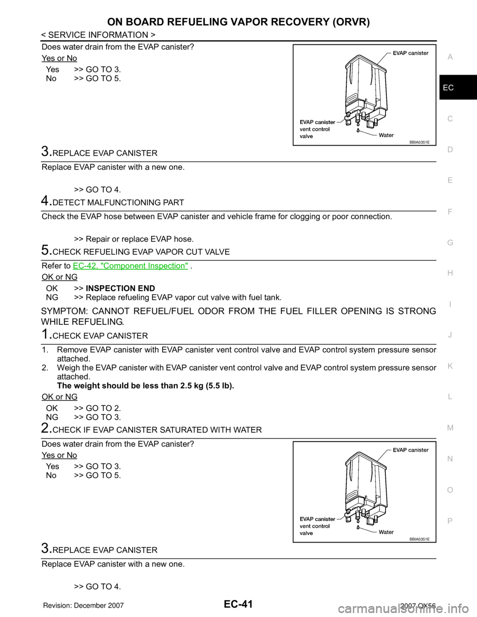 INFINITI QX56 2007 Factory User Guide ON BOARD REFUELING VAPOR RECOVERY (ORVR)
EC-41
< SERVICE INFORMATION >
C
D
E
F
G
H
I
J
K
L
MA
EC
N
P O
Does water drain from the EVAP canister?
Ye s o r N o
Yes >> GO TO 3.
No >> GO TO 5.
3.REPLACE INFINITI QX56 2007 Factory User Guide ON BOARD REFUELING VAPOR RECOVERY (ORVR)
EC-41
< SERVICE INFORMATION >
C
D
E
F
G
H
I
J
K
L
MA
EC
N
P O
Does water drain from the EVAP canister?
Ye s o r N o
Yes >> GO TO 3.
No >> GO TO 5.
3.REPLACE