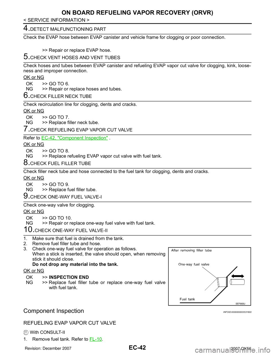 INFINITI QX56 2007 Factory Service Manual EC-42
< SERVICE INFORMATION >
ON BOARD REFUELING VAPOR RECOVERY (ORVR)
4.DETECT MALFUNCTIONING PART
Check the EVAP hose between EVAP canister and vehicle frame for clogging or poor connection.
>> Repa INFINITI QX56 2007 Factory Service Manual EC-42
< SERVICE INFORMATION >
ON BOARD REFUELING VAPOR RECOVERY (ORVR)
4.DETECT MALFUNCTIONING PART
Check the EVAP hose between EVAP canister and vehicle frame for clogging or poor connection.
>> Repa